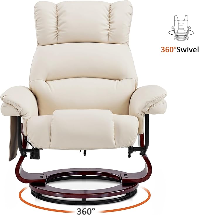 MCombo Swivel Recliners with Ottoman, Reclining TV Chairs with Vibration Massage, Faux Leather Ergonomic Lounge Chair for Living Room Bedroom 4832 (Cream White)