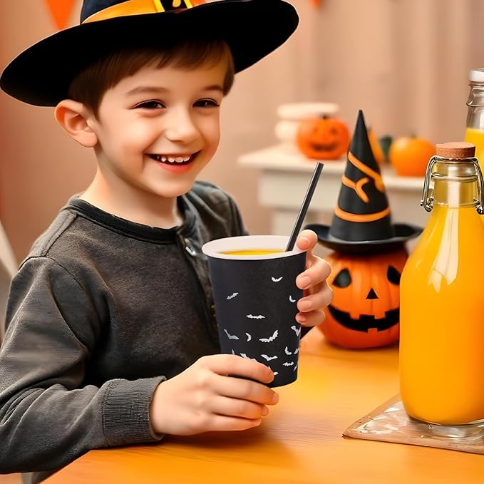 Halloween Disposable Paper Party Cups, Bulk 50 Pack, Leak-Resistant, 12 oz Hot and Cold Cups for Restaurants and Parties, Bats, Black & Silver