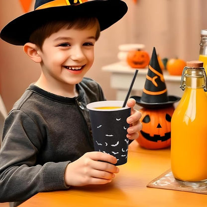 Halloween Disposable Paper Party Cups, Bulk 50 Pack, Leak-Resistant, 12 oz Hot and Cold Cups for Restaurants and Parties, Bats, Black & Silver