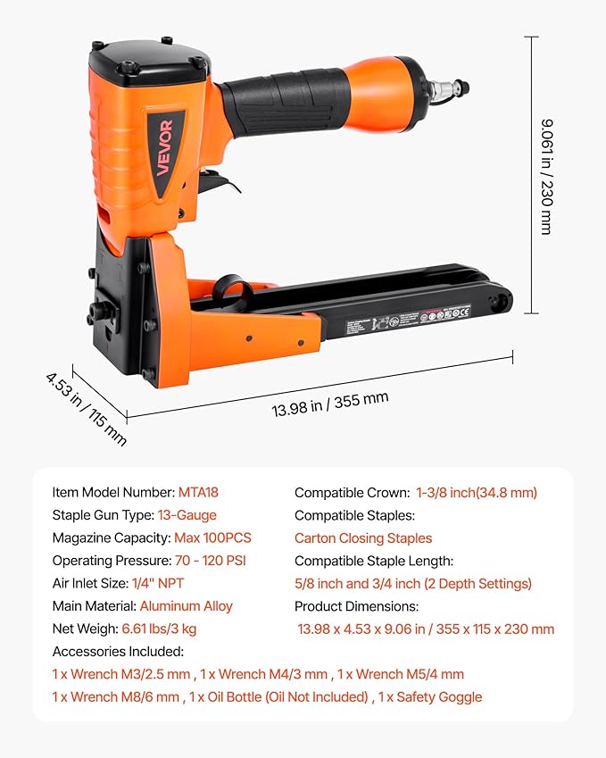 VEVOR Pneumatic Carton Closing Stapler, 13 Gauge Pneumatic Cardboard Staple Gun for 1-3/8 inch Crown 5/8" & 3/4" Length, Depth-Adjustable 70-120 PSI Air Staple Gun for Boxes Carton Closing, Packaging