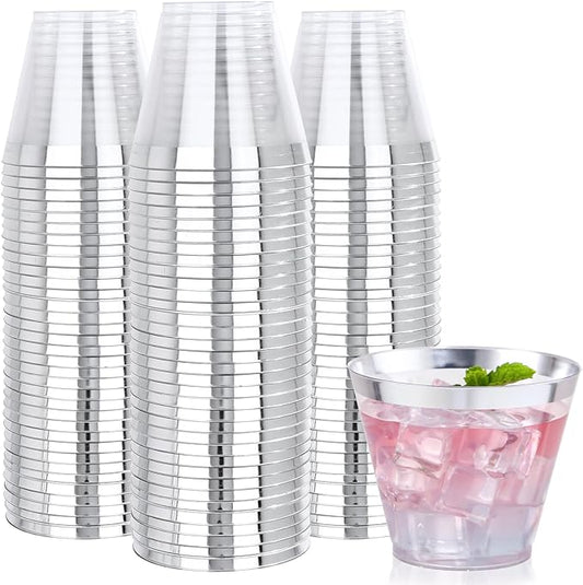 Nervure 240 PCS Silver Plastic Cups - 9Oz Silver Rimmed Plastic Cups - Heavy Duty Plastic Cup with Silver Rim Perfect for Weddings, Receptions & Parties