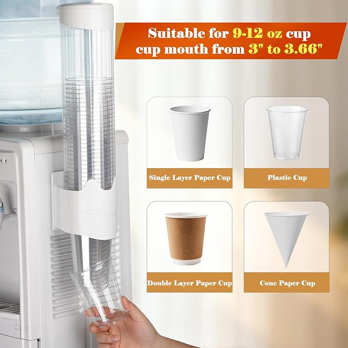 Upgraded Cup Dispenser, Wall Mount Pull Type Water Cooler Cup Holder for 9oz - 12oz Disposable Paper Plastic Cups for Home Office, with Magnetic Mounting Plate (White)