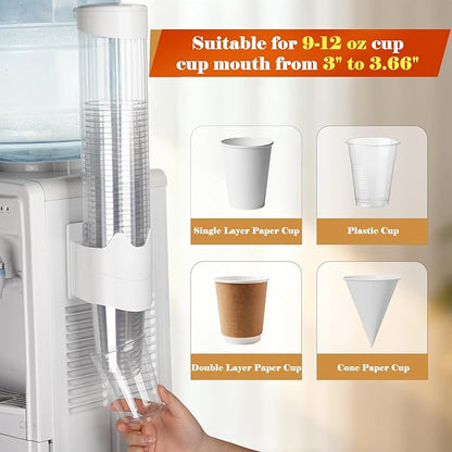 Upgraded Cup Dispenser, Wall Mount Pull Type Water Cooler Cup Holder for 9oz - 12oz Disposable Paper Plastic Cups for Home Office, with Magnetic Mounting Plate (White)
