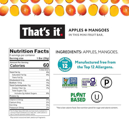 That's it. Apple + Mango 100% Natural Real Fruit Bar, Best High Fiber Vegan, Gluten Free Healthy Snack, Paleo for Children & Adults, Non GMO No Sugar Added, No Preservatives Energy Food (12 Pack)