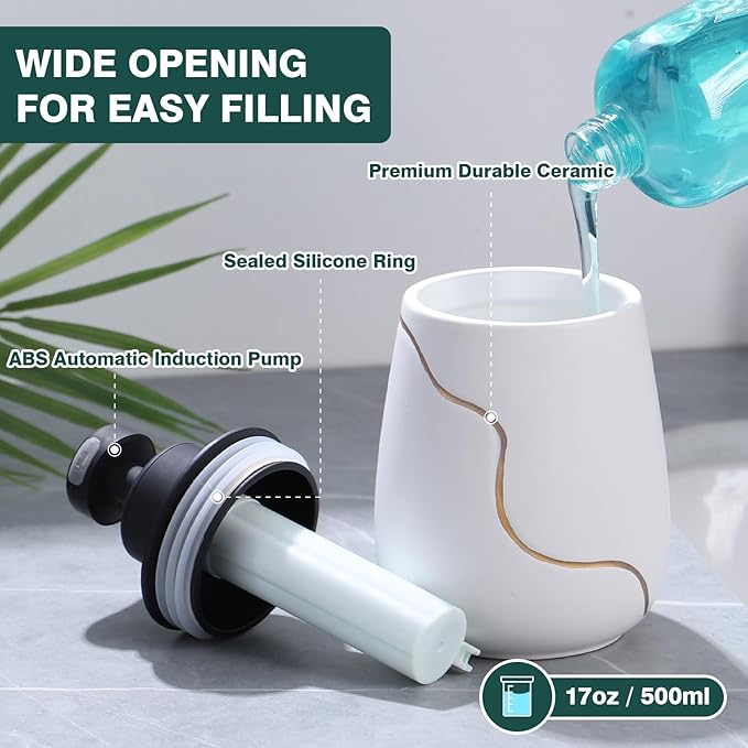 BosilunLife Automatic Soap Dispenser Bathroom - Liquid Hand Free Dispenser Smart Electric Lotion Soap Dispenser Touchless with Waterproof Pump Rechargeable Dish Soap Dispenser Ceramic White, 17oz