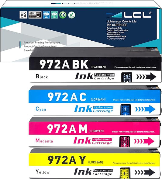 LCL 972A Ink Cartridge Replacement for HP 972A 972 for HP PageWide 352dw 377dn 377dw MFP P57750DW Pro 452dn 452dw 477dn 477dw 552dw 577dw 577z P55250dw Printer (4-Pack, Black Cyan Magenta Yellow)
