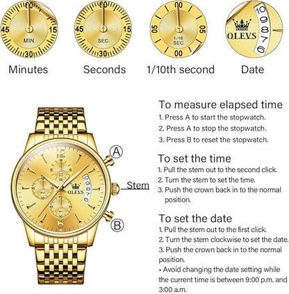 OLEVS Men's Stainless Steel Chronograph Watch, Big Face Gold Silver Black Tone Easy to Read Analog Quartz Watch, Luxury Waterproof Date Diamond Roman Arabic Numerals Dial Dress Watch for Men