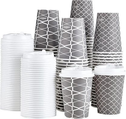 JOLLY PARTY Disposable Coffee Cups with Lids -12 oz (100 Sets) To Go Cups, Paper Coffee Cups for Beverages Espresso Tea, Suitable for Cafes, Offices and Home