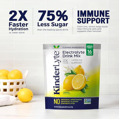 Kinderlyte Electrolyte Powder for Kids and Adults - Drink Mix Hydration Packets (Lemonade, 16 Count), No Artificial Sweeteners or Flavors, No Synthetic Dyes, Vegan, Non-GMO, Gluten-Free