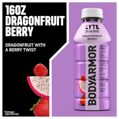 BODYARMOR LYTE Sports Drink Low-Calorie Sports Beverage, Dragonfruit Berry, Coconut Water Hydration, Natural Flavors With Vitamins, Potassium-Packed Electrolytes, Perfect For Athletes, 16 Fl Oz (Pack of 12)