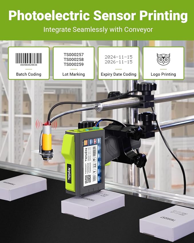 TESEN Upgraded Handheld Printer at 0.5 Inch Print Height with Sensor Printing on Production Line Use Fast Dry Ink to Print Date Time Logo Barcode QR Code Batch Number Anywhere (Works Over 16 Hours)