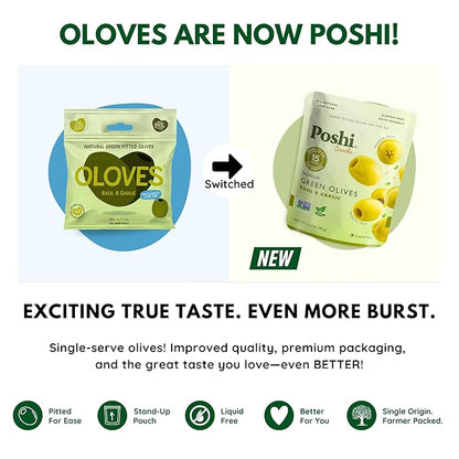 POSHI Green Pitted Olives - Basil & Garlic | Vegan, Kosher, Gluten Free + Keto Friendly, Fresh, Low Calorie Healthy Snacks | (30 Pack, 1.1oz Bags)