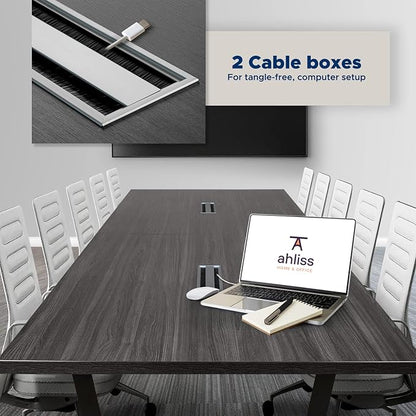 Sturdy Conference Table with Cable Management Grommets Modern Rectangle Office Meeting Table with Wood Tabletop and Metal Frame & Legs- Easy Assembly Boardroom Table (Grey, 10 Foot)