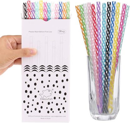 Dakoufish 12 Piece 8 Inch Reusable Plastic Thick Drinking Straws BPA Free Mason Jar Straws Transparent Small Stripe (8inch, Mix 12color)