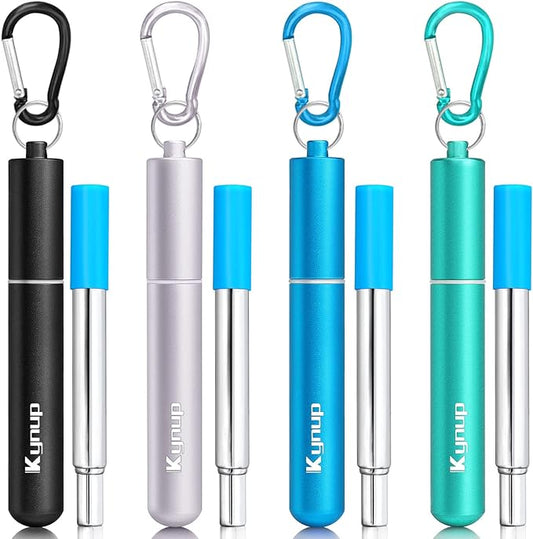 Kynup 4Packs Reusable Straws, Metal Straw with Silicon, Travel Drinking Straws with Case, Keychain, Cleaning Brushes, Silicon Pcs Perfect for Travel, Gifts (20 PCS) Blue-Black-Silver-Turquoise