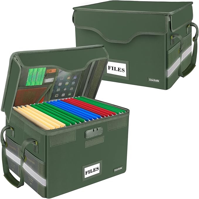 DocSafe Fireproof Document Box with Lock,File Storage Organizer with Pockets,Collapsible Portable File Box Home Office Safe Filing Cabinet with Handle for Hanging Letter/Legal Folders,Green,2 Pack