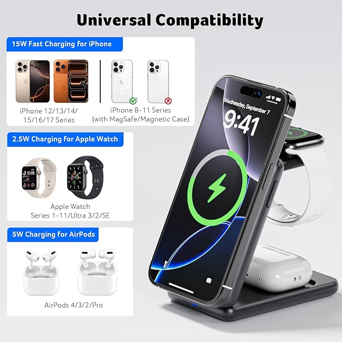 Acer 3 in 1 Charging Station for iPhone, Wireless Charger Stand,15W Fast MagSafe Charger for iPhone 17 16 15 14 13 12 Series-Apple Watch 11 10 9 8 7 6 5 4 3 2 SE and Ultra Series-Airpods 4 3 2 Pro