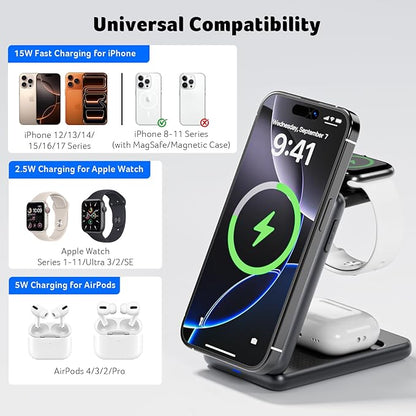 Acer 3 in 1 Charging Station for iPhone, Wireless Charger Stand,15W Fast MagSafe Charger for iPhone 17 16 15 14 13 12 Series-Apple Watch 11 10 9 8 7 6 5 4 3 2 SE and Ultra Series-Airpods 4 3 2 Pro