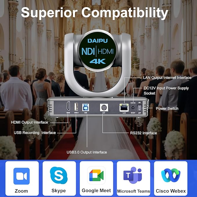 NDI PTZ Camera 4K, 1/2.8" 8.29MP CMOS Sensor, HDMI USB3.0 LAN PoE, 12X Optical+16X Digital Zoom, AI Auto Tracking, 255 Presets, NDI HX2 Certified, for Church Worship Live Streaming Conference Room