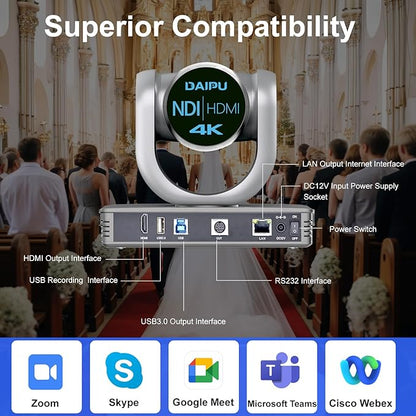 NDI PTZ Camera 4K, 1/2.8" 8.29MP CMOS Sensor, HDMI USB3.0 LAN PoE, 12X Optical+16X Digital Zoom, AI Auto Tracking, 255 Presets, NDI HX2 Certified, for Church Worship Live Streaming Conference Room