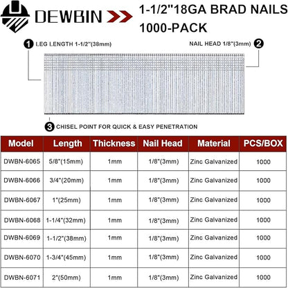18 Gauge Brad Nails, 1000 Counts 1-1/2-inch 18 GA Brad Nails, Galvanized Nails for Nail Gun, Finishing Nail Gun Nails for Pneumatic, Electric Brad Nailer Gun