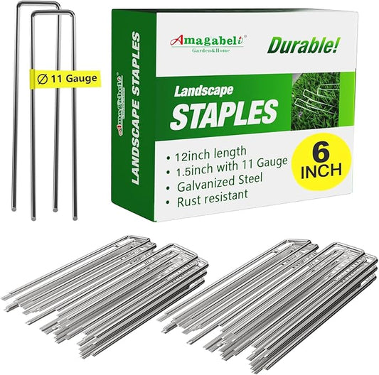 AMAGABELI GARDEN & HOME 6 Inch 50 Pack Galvanized Landscape Staples 11 Gauge Anti-Rust Heavy Duty Garden Staples Plant Cover Stakes U-Shaped Sod Pins Ground Fence Stakes for Weed Barrier Fabric