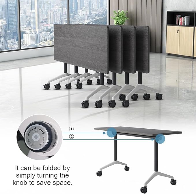 Folding Conference Table, Conference Room Tables Foldable Large Meeting Seminar Table on Wheels,Flip Top Boardroom Training Tables for Office, Classroom,Meeting (12, Grey, 55.1in)