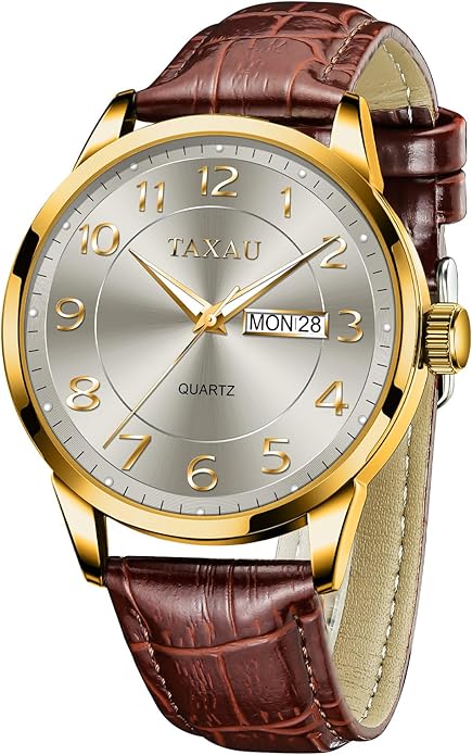 Men's Watch Big Face Easy Read Arabic Numeral Dress Watches for Men Classic Black Brown Leather Band Analog Mens Wrist Watch with Day and Date Fashion Business Waterproof Luminous Quartz Watch