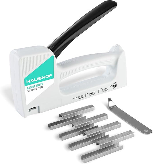 HAUSHOF Light Duty Staple Gun, Upholstery Staple Gun with 800PCS JT21 Staples and Stapler Remover, Fits JT21 Staple of 1/4'', 5/16'' & 3/8'', Used for Wood, Classroom, Crafts, DIY, Decoration (White)