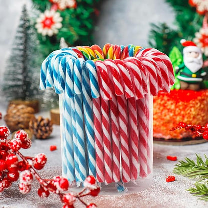 Christmas Candy Canes Tutti Frutti, Blue/White Peppermint, Red and White Cherry Mix Flavors - Bulk Candy Canes Individually Wrapped for Family Holiday Indulgement, Candy Cane Gift Set (50 Count)
