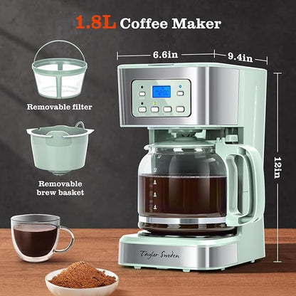 Taylor Swoden 12-Cup Programmable Coffee Maker, Regular & Strong Brew Drip Coffee Machine for Home and Office, Glass Carafe, Pause & Serve, Auto Shut Off, Green & Stainless Steel