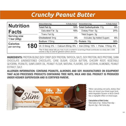 NuGo Slim 24ct Vegan Variety - Crunchy Peanut Butter 12 bars & Toasted Coconut 12 bars, Low Net Carb, Keto Friendly, 16-17g Plant Based Protein, Keto Friendly, Gluten Free, 24 count