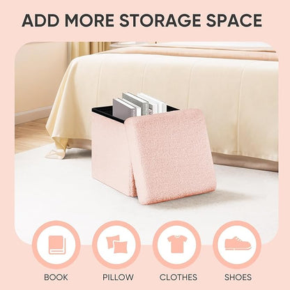 PINPLUS Storage Ottoman Cube Square Shaped Ottomans with Storage Foot Stool Footrest for Lving Room Boucle Ottoman Seat for Dorm Room,Faux Teddy Fur Pink,15"x15"x15"
