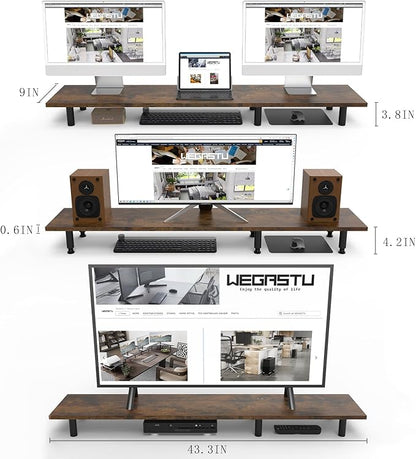 Large Dual Monitor Stand Riser 43.3IN，Vintage Home Office Storage For Desk Accessories，Solid Wod Desk With Adjustable Legs For computer/PC/Laptop/Printer/Container/dressing table