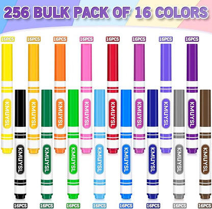 KMUYSL Washable Markers Bulk, Assorted Colors - Broad Line Conical Tip Coloring Markers for Kids, School Art Supplies & Back to School Supplies, Teacher Classroom Must Haves (16 Colors, 256 Pcs)