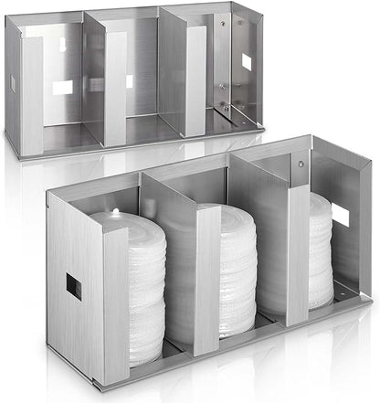 Hicarer 3 Compartments Stainless Steel Cup Dispenser with Adjustable Dividers Silver Cup and Lid Holder Lid Organizer Storage for Cabinet Kitchen Cafe Tea Shop Restaurant, Silver