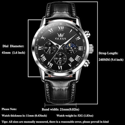 OLEVS Men's Leather Analog Quartz Watch - Luxury Chronograph Wristwatch With Date, Waterproof, Luminous - Dress Style