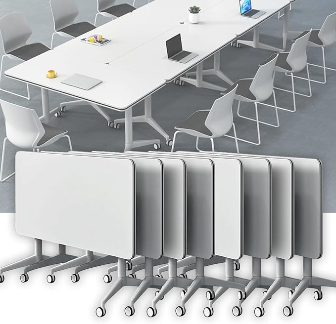 Conference Table, Folding Conference Room Tables on Wheels, Modern Meeting Seminar Table Computer Desk, Boardroom Desk for Office Meeting Conference Room,White,8 Pack 63inch