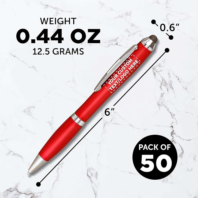 DISCOUNT PROMOS Custom Plastic Stylus Pens Set of 50, Personalized Bulk Pack - Black Ink, Great for Office, School, Business, Tradeshows, Events - Red