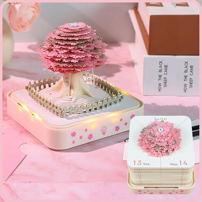 3D Time Piece Calendar 2026 DIY Calendars Tear Away Carving Art 3D Memo Pad Calendar With LED Lights sculpture artsy pads calendar notepad for Desktop Decor-Cherry Tree