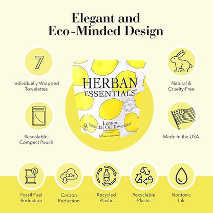 Herban Essentials - Lemon Wipes & Towelettes - Essential Oil Wipes for Make Up, Hands, Face & Body - Travel Size Essentials & Toiletries - Natural, Individually Wrapped, Disposable & Moist (7 count)