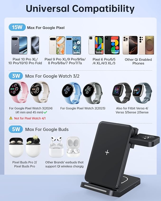 Foldable Wireless Charger for Google Pixel Watch 3/2, 3 in 1 Fast Charging Station Stand for Pixel 10 Pro XL/10 Pro/9/8/7 Pro/8a/8/7/6 Pro and Buds (Not for Pixel Watch 4/1) with QC Adapter