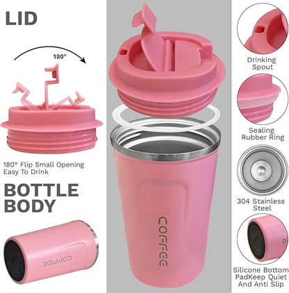 YINBAOGE Insulated Travel Coffee Mug, Spill & Leak Proof, Portable To Go Camping Stainless Steel Coffee Tumbler, Reusable Thermal Coffee Cup with Lid for Hot & Cold Drinks (2nd-Pink, 17 OZ)