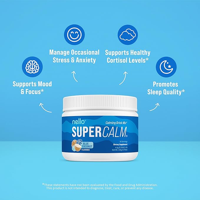 Nello Supercalm Powdered Drink Mix Tub, Cortisol Reducer* and Sleep Aid Supplement, L Theanine, Ksm-66 Ashwagandha, Magnesium Glycinate, Vitamin D 3, No Sugar, Non GMO, On The Go, 30 Ct, Blue Coconut