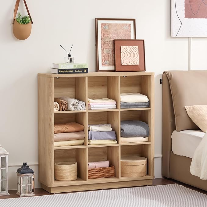 9 Cube Storage Book Shelf, 41" Tall Organizer Bookshelf with Curved Edge, Floor Standing 3-Tier Wood Cubby Bookcase with Base, Modern Display Book Case for Living Room, Home Office,Natural Oak