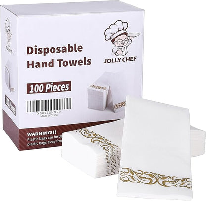 JOLLY CHEF 100 Disposable Hand Towels, Soft and Absorbent Linen Feel Dinner Napkin, Elegant Decorative Paper Guest Towels for Kitchen, Bathroom,Weddings,Parties, Gold and White