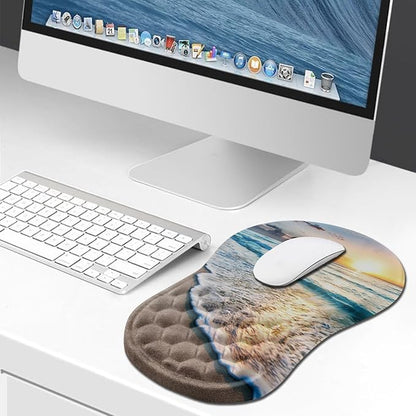 Hokafenle Ergonomic Mouse Pad Wrist Support, Wrist Rest Mousepad for Carpal Tunnel Pain Relief with Integrated Memory Foam Slope Massage Bulge (11.8x7.9 inch,Beach Sunset