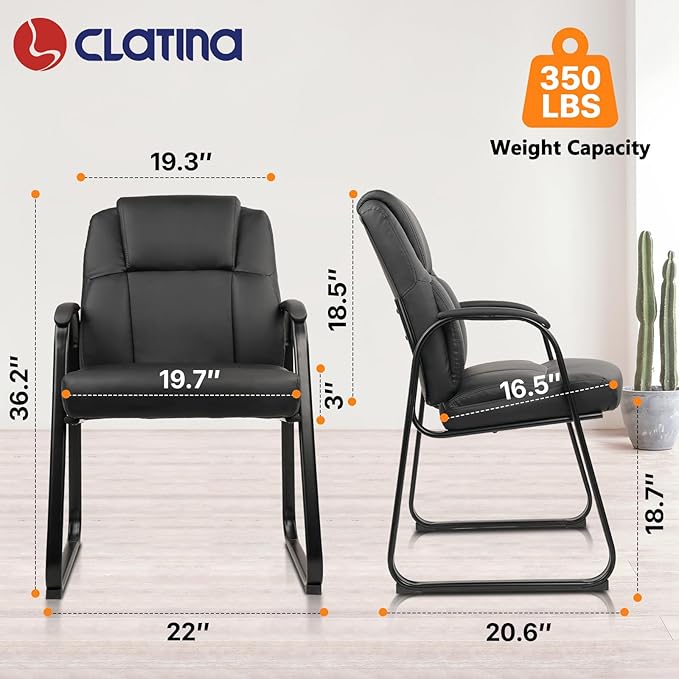 CLATINA Ergonomic Black Guest Chair with Arms Set of 2- Office Reception & Conference Seating, PU Leather Meeting Chairs with Sled Base for Waiting Rooms & Home Offices