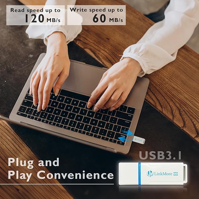 LinkMore 64GB NR34 USB3.2 USB 3.1Flash Drive, Read Speed up to 120MB/s, Write Speed up to 60MB/s, Thumb Drive (64GB, NR34- High Speed)