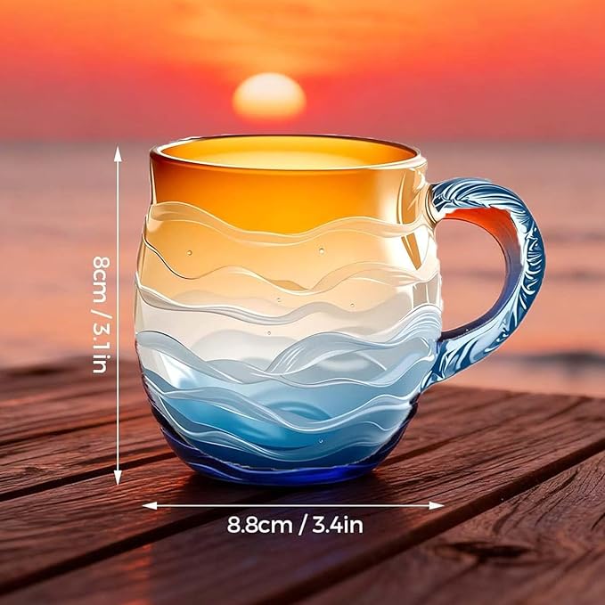 Sea Glass Sundown Mug 12oz - Handcrafted Ocean Wave Design, Textured Coastal Beach Mug for Coffee & Tea, Unique Gift for Ocean & Surf Lovers